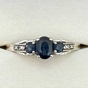 Solid 10k White Gold Genuine Blue Sapphire & Diamond Three-Stone Ring - Size 7